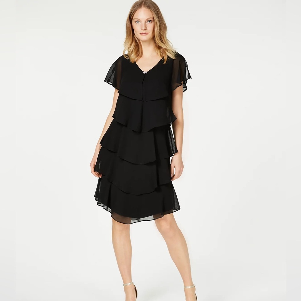 SLNY Tiered Rhinestone Capelet Dress